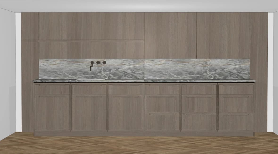 Specialdesignet snedkerinventar – køkken, badeværelse, garderobe og walk-in i egetræ, valnød og marmor med messing armatur · Boform Frame køkken, ligesidet · Hasseris Aalborg · Aalborg · Riise Studio (1)