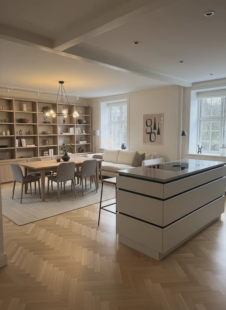 Specialdesignet snedkerinventar – køkken, badeværelse, garderobe og walk-in i egetræ, valnød og marmor med messing armatur · Boform Line køkken, ligesidet med åben ø · Hasseris Aalborg · Aalborg · Riise Studio (7)