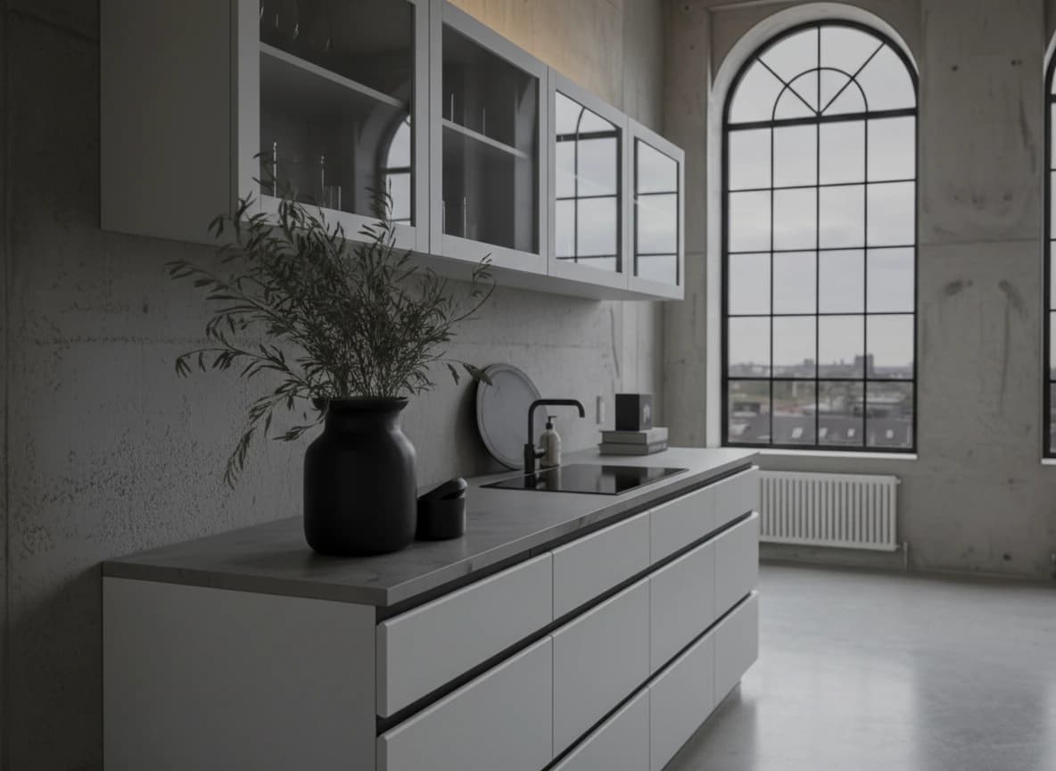 Specialdesignet snedkerinventar – køkken, badeværelse, garderobe og walk-in i egetræ, valnød og marmor med messing armatur · Boform Line køkken, ligesidet med åben ø · Hasseris Aalborg · Aalborg · Riise Studio (9)