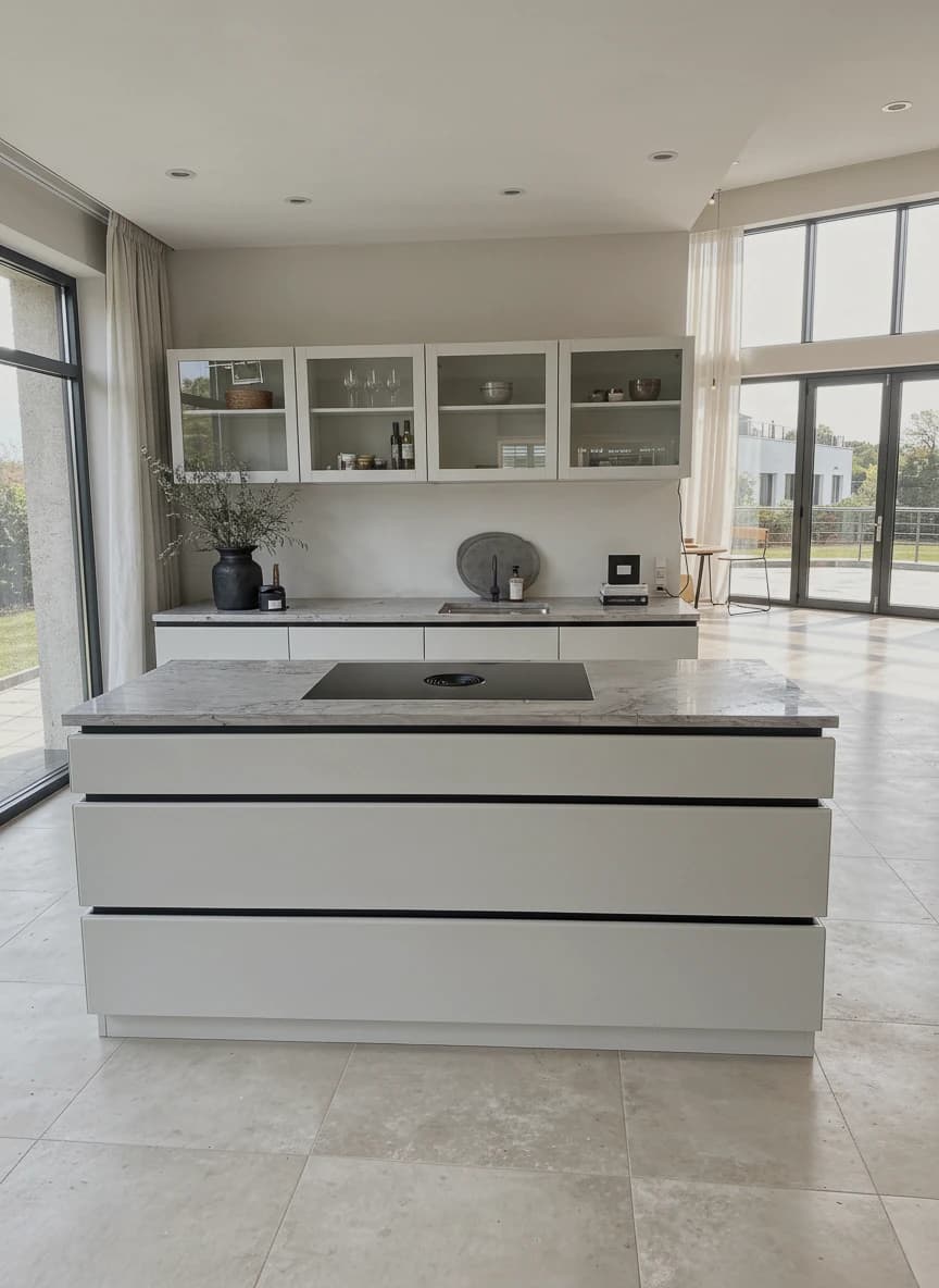 Specialdesignet snedkerinventar – køkken, badeværelse, garderobe og walk-in i egetræ, valnød og marmor med messing armatur · Boform Line køkken, ligesidet med åben ø · Hasseris Aalborg · Aalborg · Riise Studio (11)