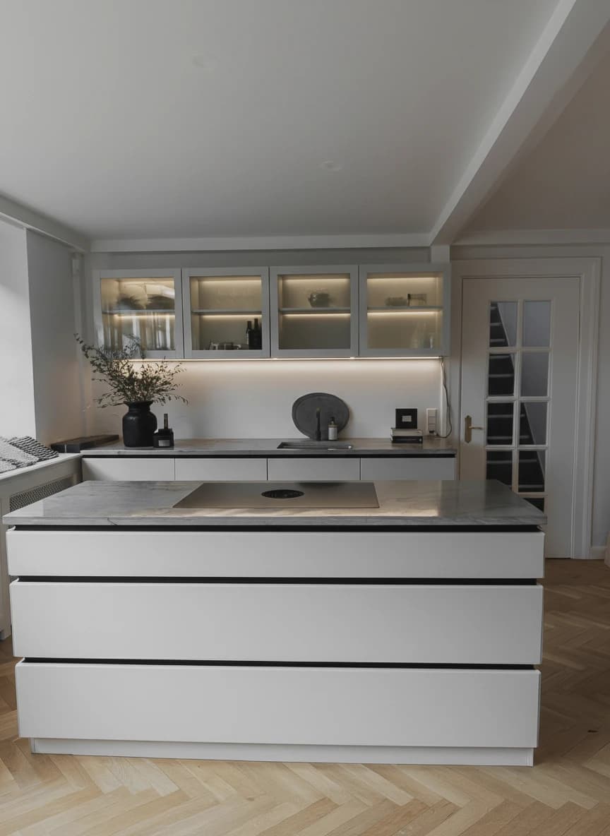 Specialdesignet snedkerinventar – køkken, badeværelse, garderobe og walk-in i egetræ, valnød og marmor med messing armatur · Boform Line køkken, ligesidet med åben ø · Hasseris Aalborg · Aalborg · Riise Studio (12)