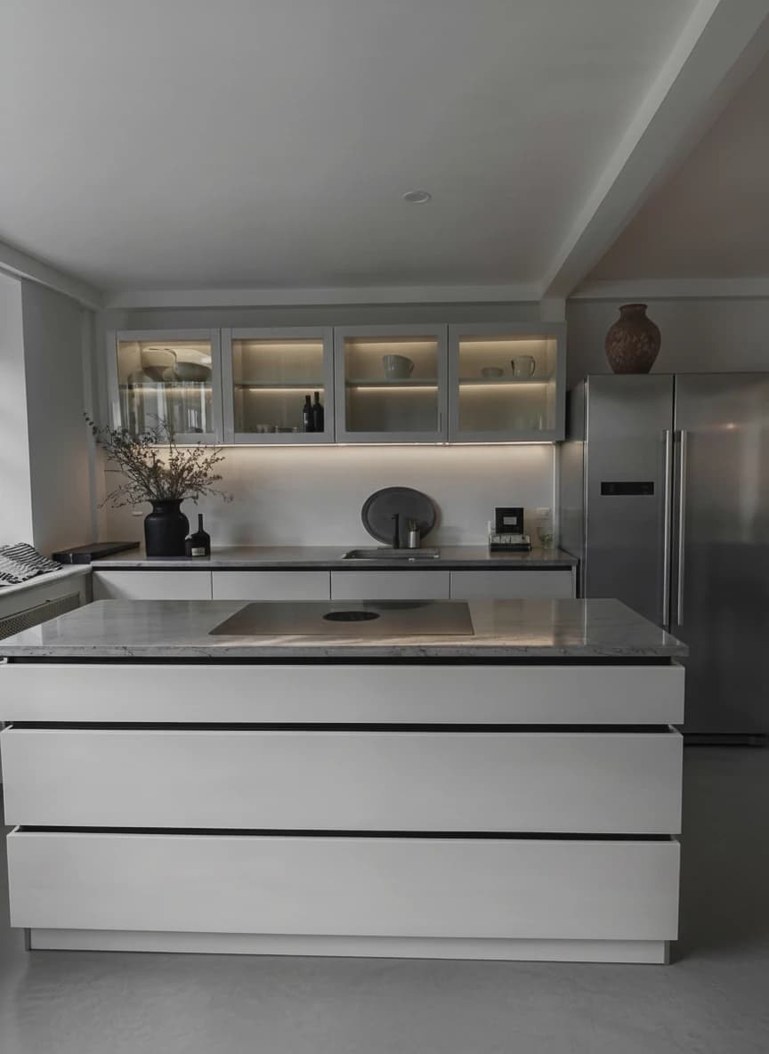 Specialdesignet snedkerinventar – køkken, badeværelse, garderobe og walk-in i egetræ, valnød og marmor med messing armatur · Boform Line køkken, ligesidet med åben ø · Hasseris Aalborg · Aalborg · Riise Studio (5)